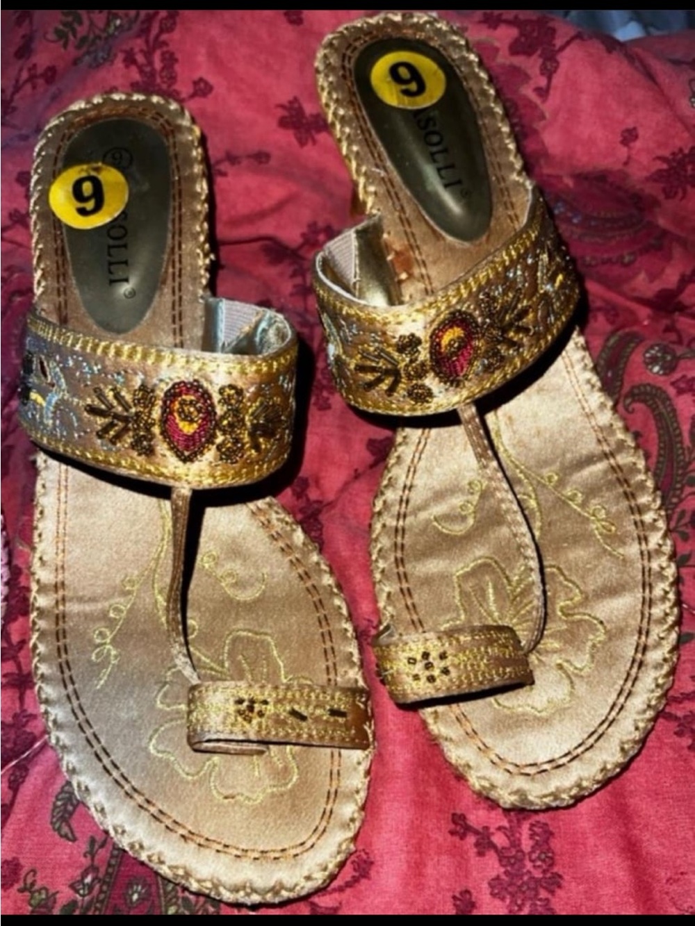 Vintage Women's Solli Gold Embroidered Beaded Flip Flop Thong Sandals Size 9